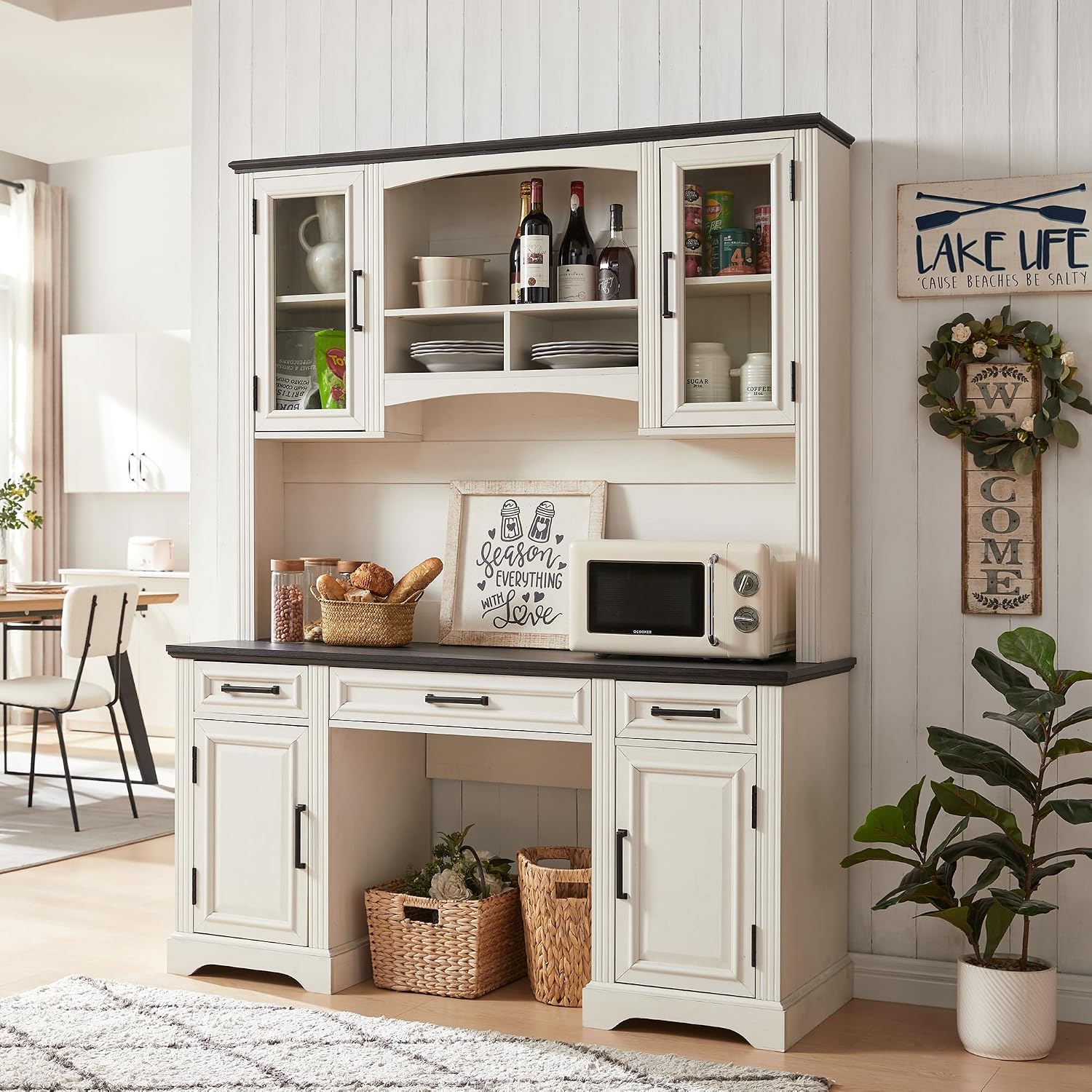 JXQTLINGMU Farmhouse 58' Large Bar Cabinet with Hutch, 76' Height Storage Cabinet, Coffee Bar, Buffet Sideboard, Kitchen Hutch Pantry for Kitchen Bathroom Dining Room (Off White)