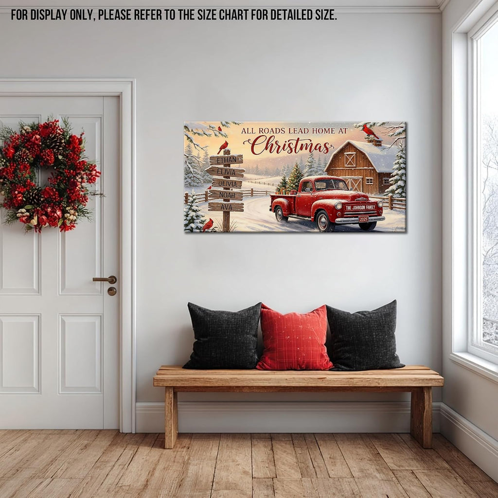 GUTTATY Personalized Christmas Canvas Wall Art, Customized Holiday Canvas Prints with Family Name and Signposts, Rustic Red Truck Winter Farm Scene Wall Decor Poster for Living Room, 30x60 Inch