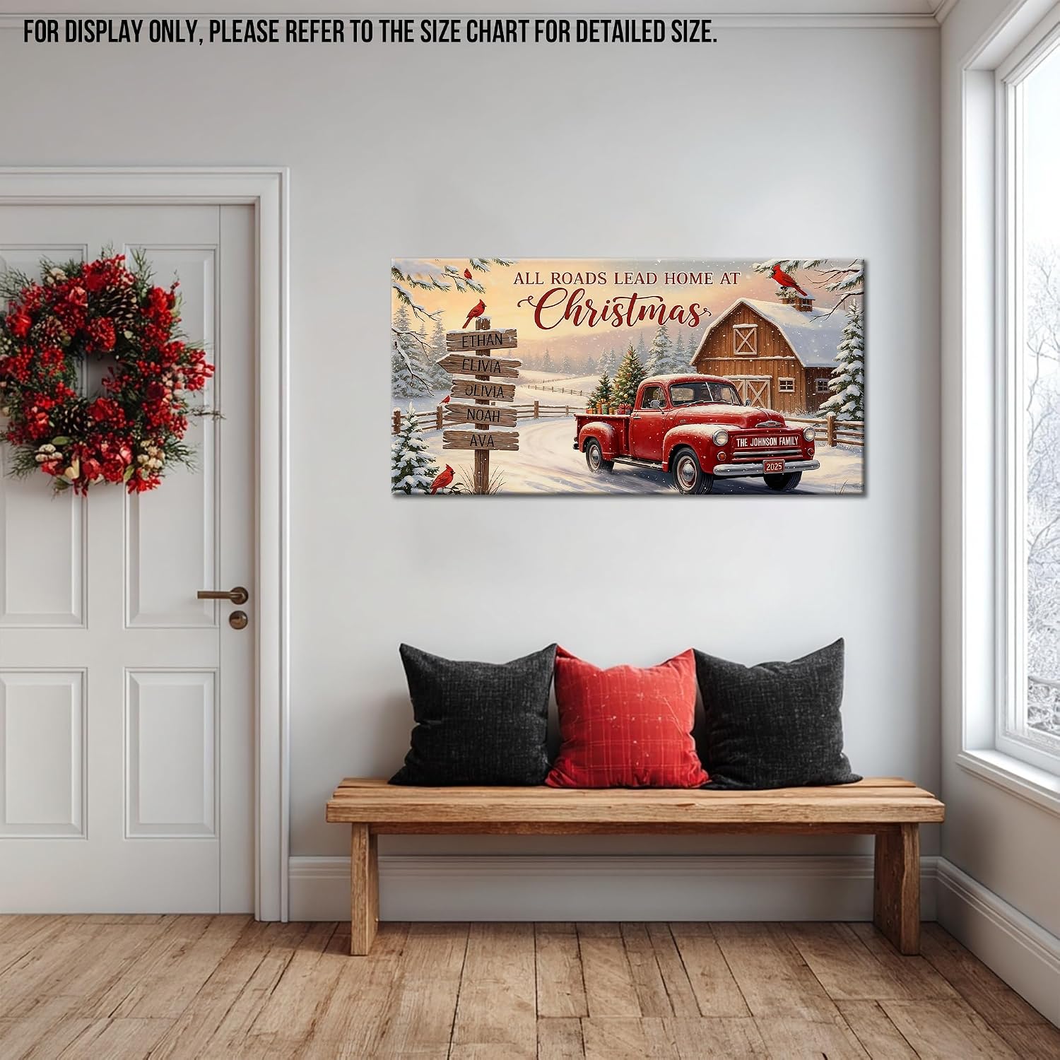 GUTTATY Personalized Christmas Canvas Wall Art, Customized Holiday Canvas Prints with Family Name and Signposts, Rustic Red Truck Winter Farm Scene Wall Decor Poster for Living Room, 30x60 Inch