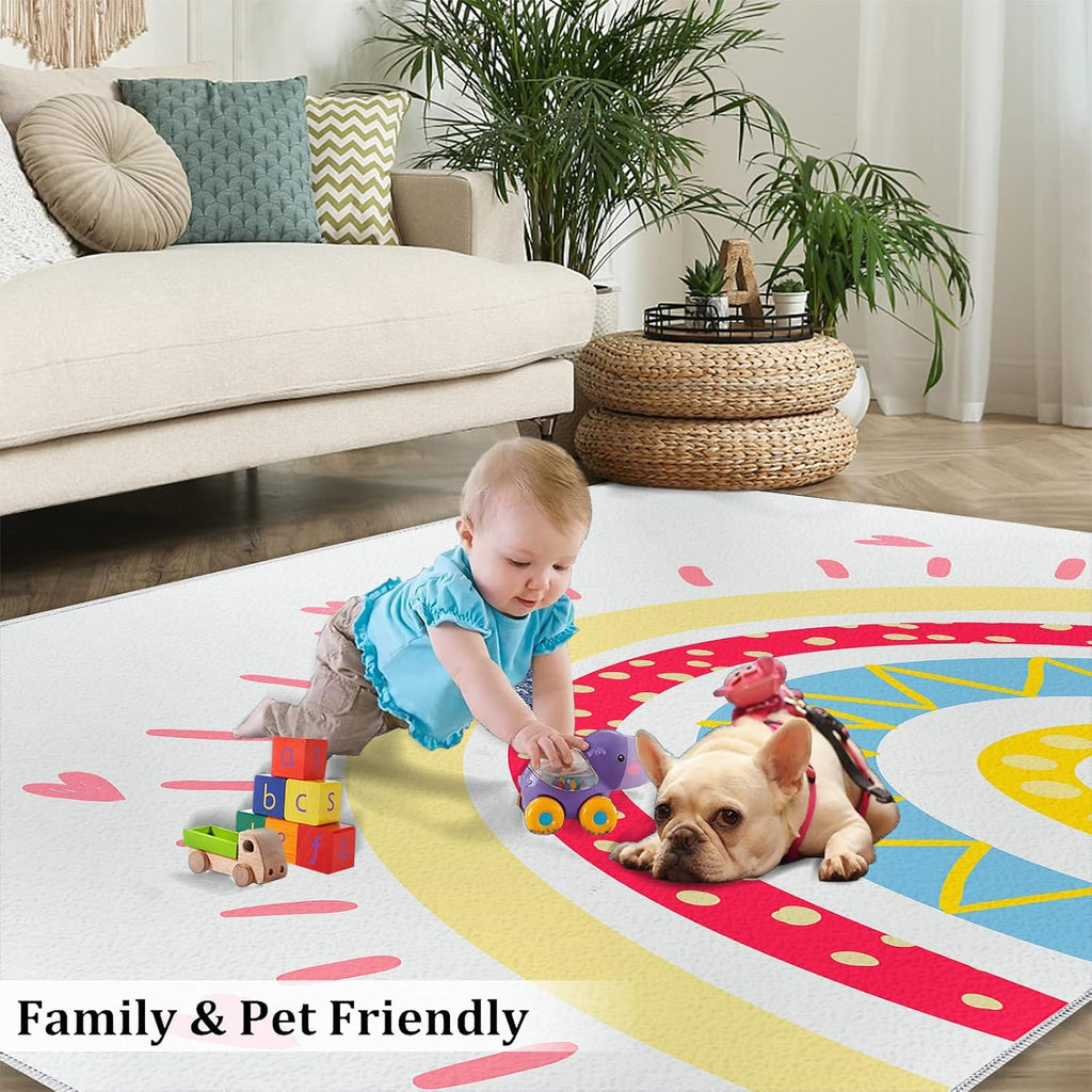 Abstract Rainbow and Heart Area Rug, Colorful Modern Boho Rugs for Living Room, Indoor Non-Slip Kids Rugs, Machine Washable Breathable Durable Carpet for Front Entrance Floor Decor,6 x 8ft