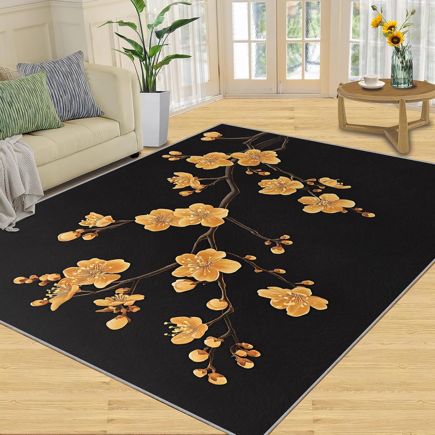 Golden Flowers Rug 6x8, Luxury Flowers Rugs for Living Room, Oriental Art Area Rug, Non Slip Washable Rugs for Bedroom Kitchen Dining Room Decor Carpet