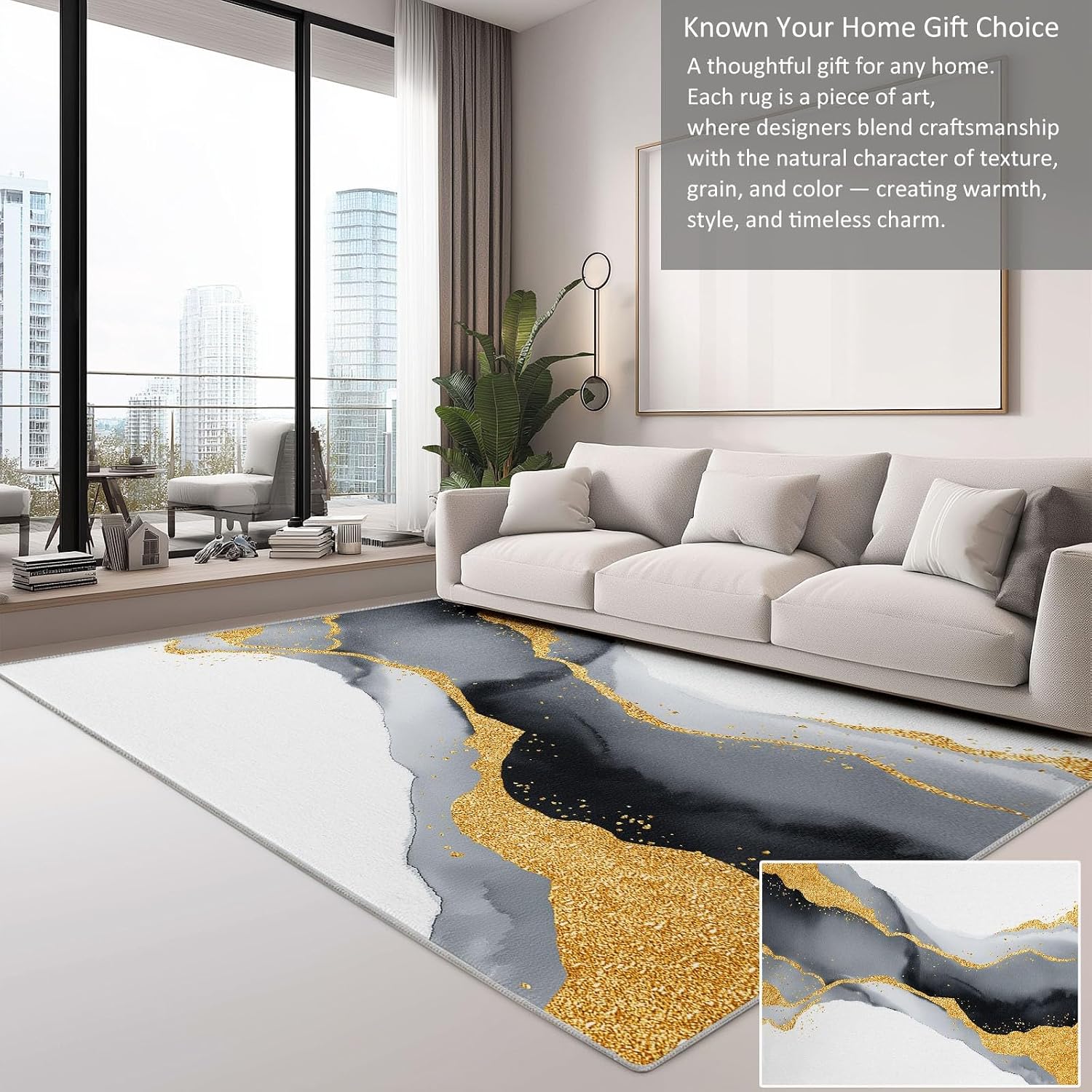Minimalism Washable Area Rug 5 x 7 ft for Living Room Bedroom, Watercolor Waves Marble Printed Low Pile Rug - Non Slip Carpets for Office Kids Room Stain Resistant Dining Room Carpet
