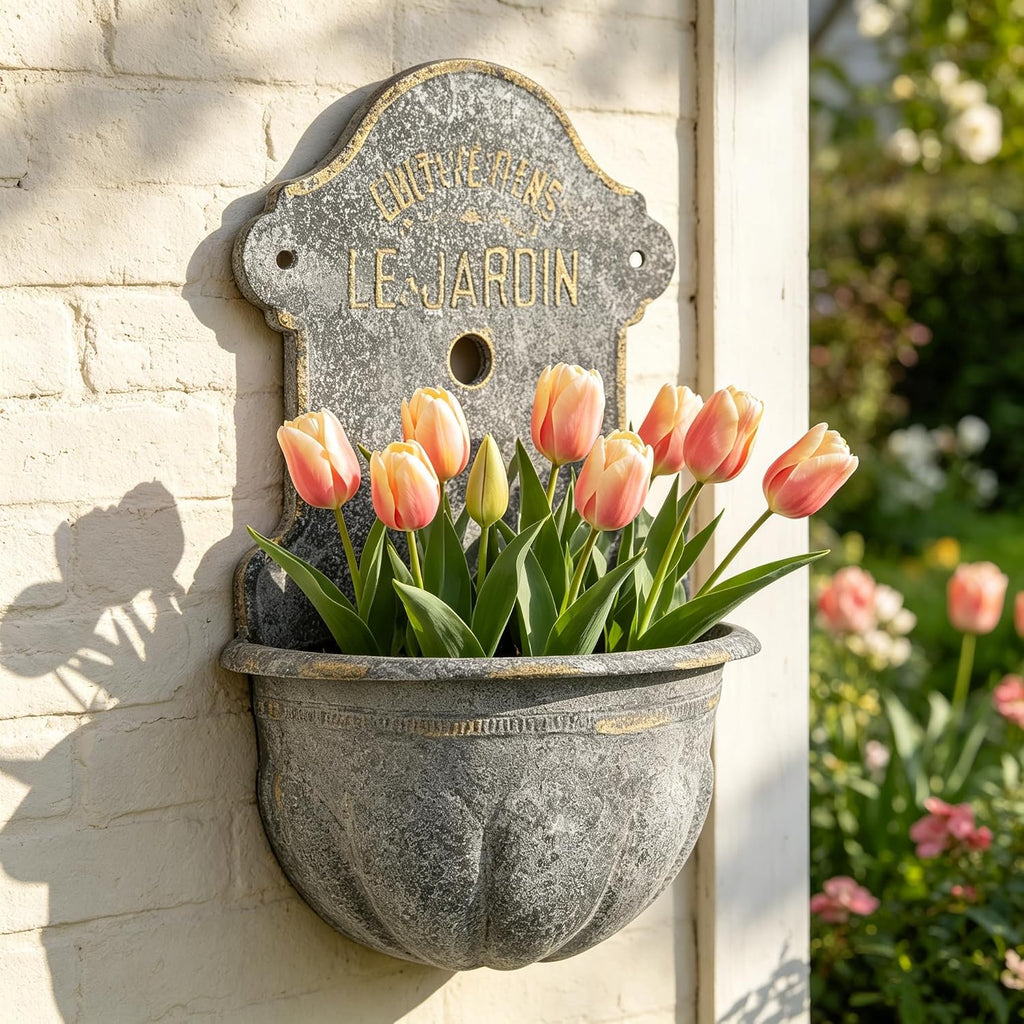 Large French Country Wall Planter, 27.95' H x 18.11' W Vintage Metal Le Jardin Wall Mounted Flower Pot, Rustic Farmhouse Vertical Garden Planter for Indoor Outdoor Patio, Living Room, Balcony Decor