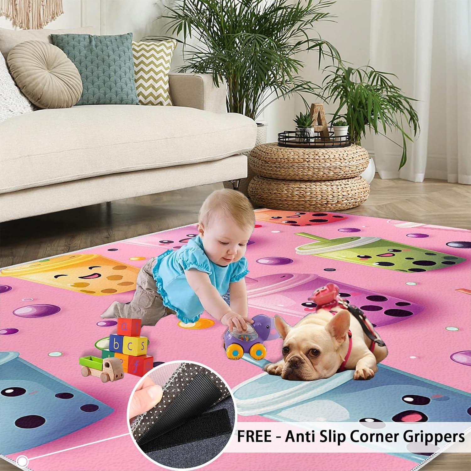 Pink Rugs for Living Room, Boba Print Rug, Cartoon Girl Washable Rugs for Bedroom, Low Pile & Non Slip, Indoor Carpet, 6x8 Area Rug & Home Decor