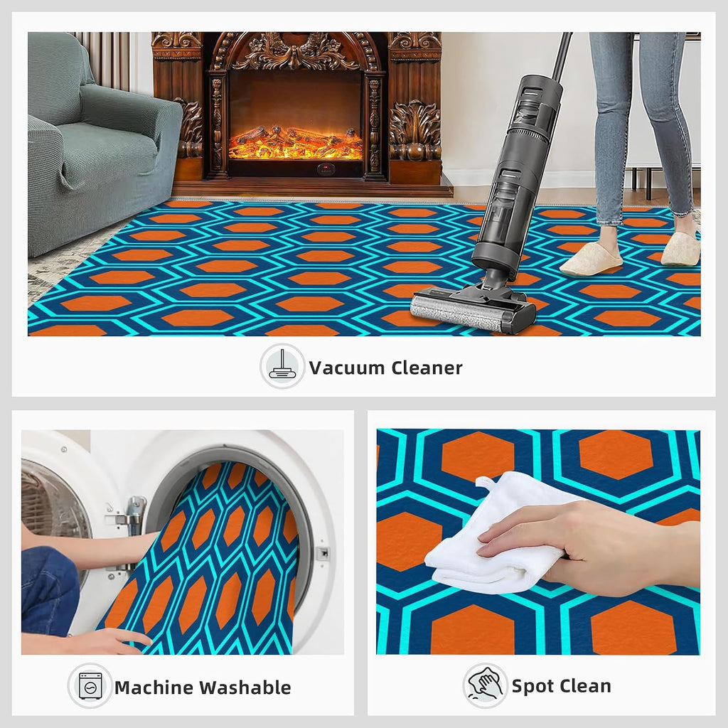 Mid-Century Geometry Art Area Rug, Orange Blue Hexagon Rugs for Living Room, Indoor Non-Slip Kids Rugs, Machine Washable Breathable Durable Carpet for Front Entrance Floor Decor,6 x 8ft