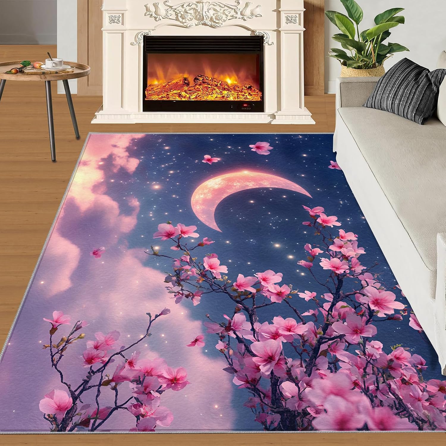 Cherry Blossoms Rug 6x8, Pink Flowers Rugs for Living Room, Japanese Style Rugs for Bedroom, Washable Area Rug, Non Slip Carpet for Hardwood Floors