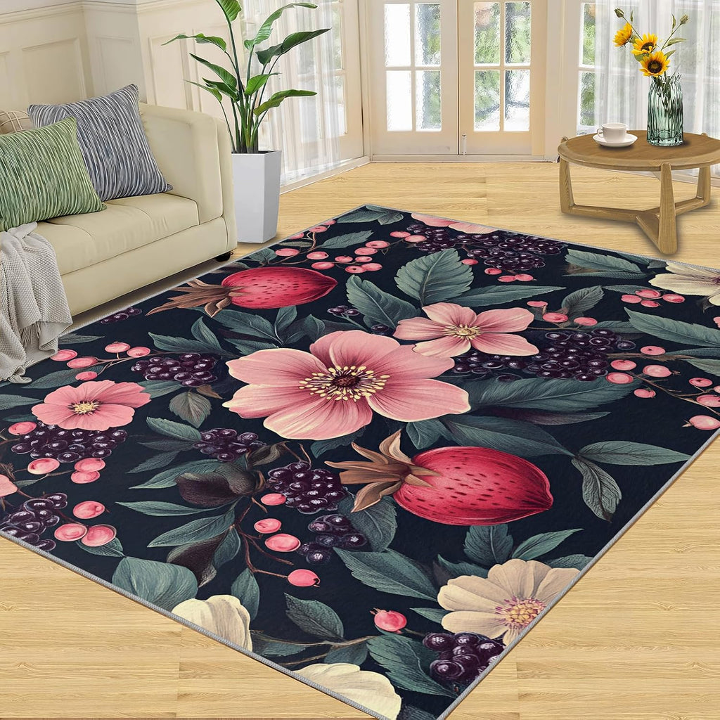 Rustic Rugs for Bedroom, Boho Flowers Area Rug, Pink Florals Rugs for Living Room, 6x8 Washable Rug Non Slip & Low Pile, Indoor Carpet & Home Decor