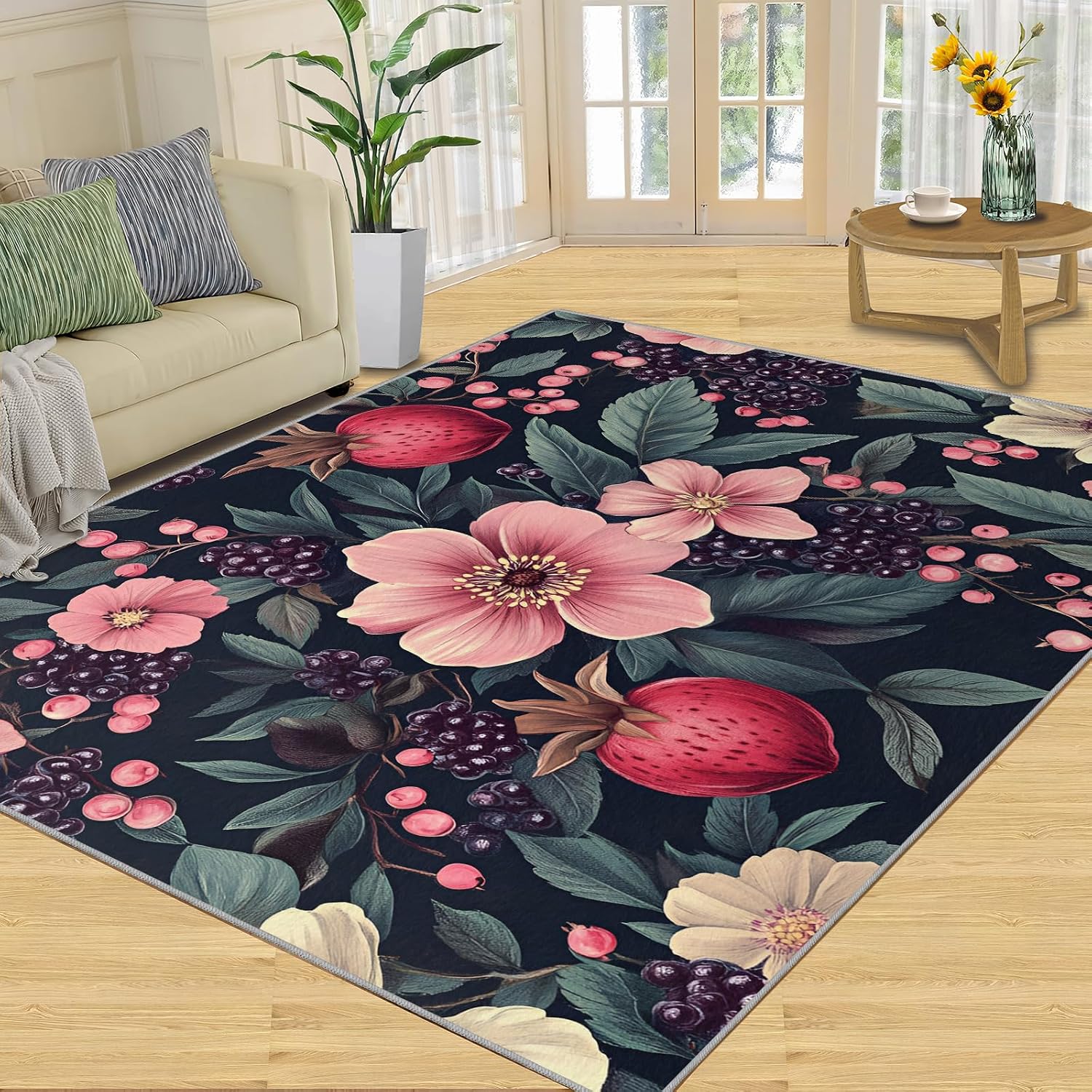 Rustic Rugs for Bedroom, Boho Flowers Area Rug, Pink Florals Rugs for Living Room, 6x8 Washable Rug Non Slip & Low Pile, Indoor Carpet & Home Decor