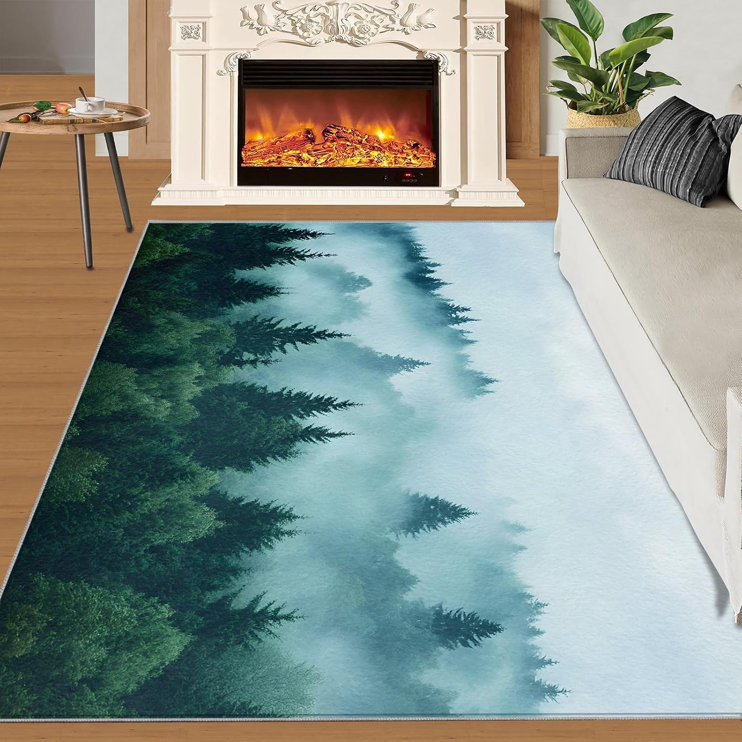 Forest Rugs for Bedroom, Misty Forest Rug 6x8, Natural Scenery Dining Room Rugs Washable & Non Slip Large Carpet for Home Decor