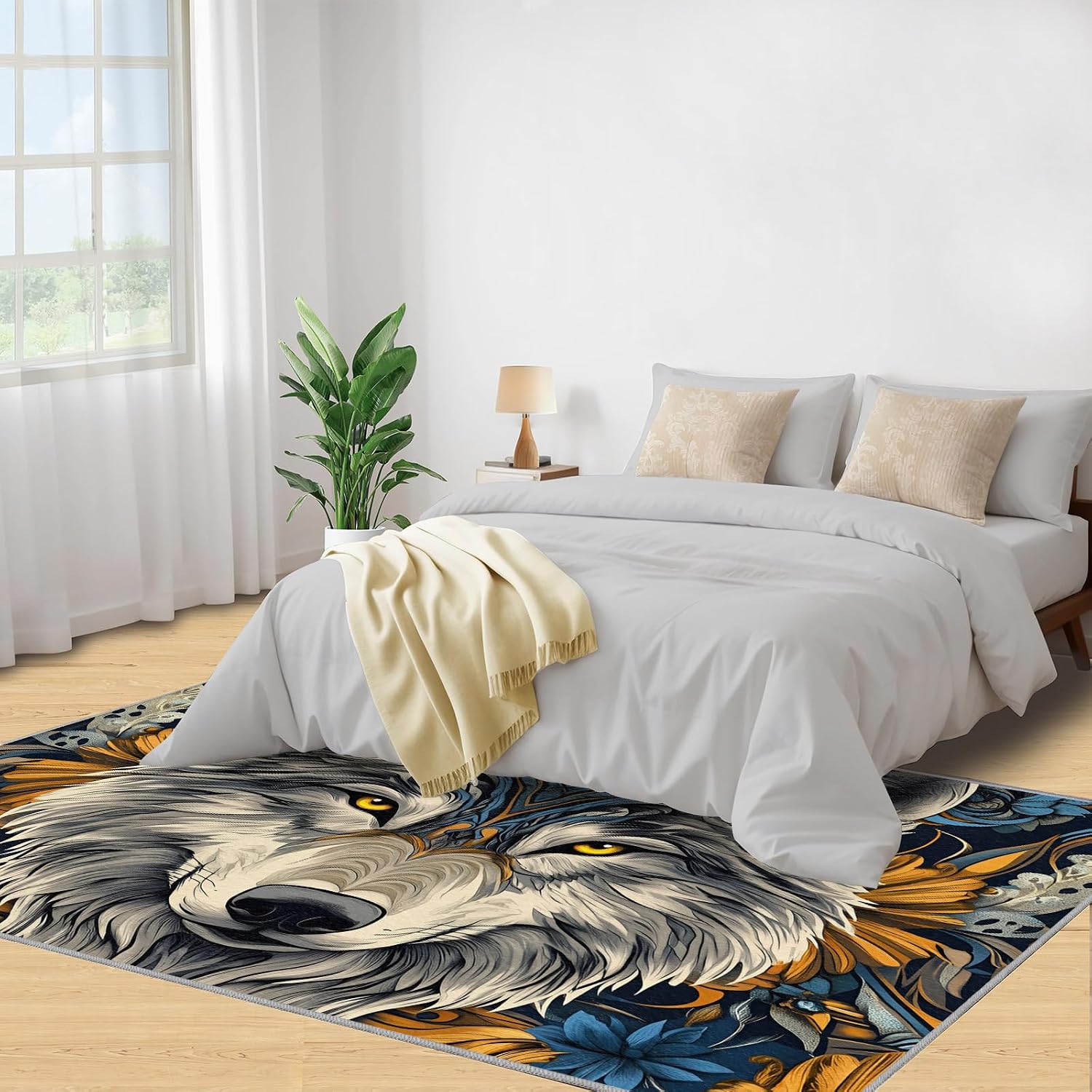 Wolf Rug 6x8-6x8 Rug, Wildlife Area Rugs for Bedroom, Viking Rugs for Living Room, Wild Animal Washable Mat, Teen Boys Carpet, Wild Wolf Home Decor & Gifts