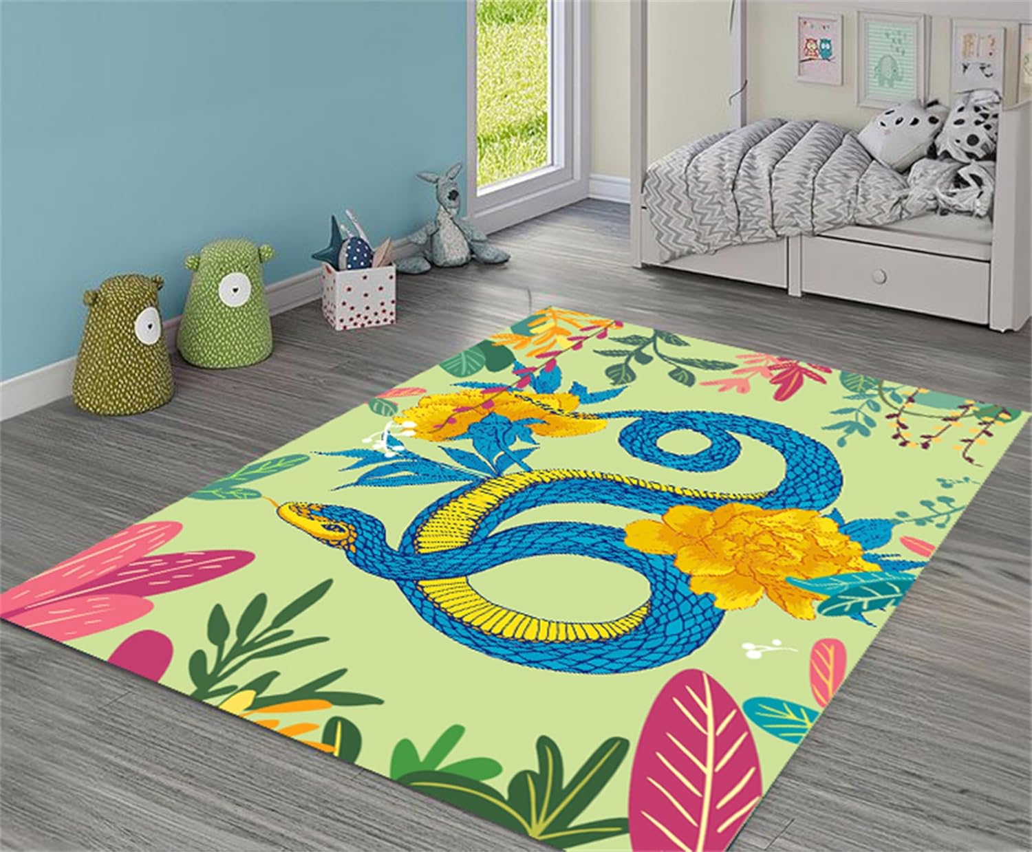 Floral Cobra Rug, 6x8ft, Green Floral Rectangular Print for Girls Room Decoration, Low Pile, Easy to Clean, Suitable for Living Room and Bedroom