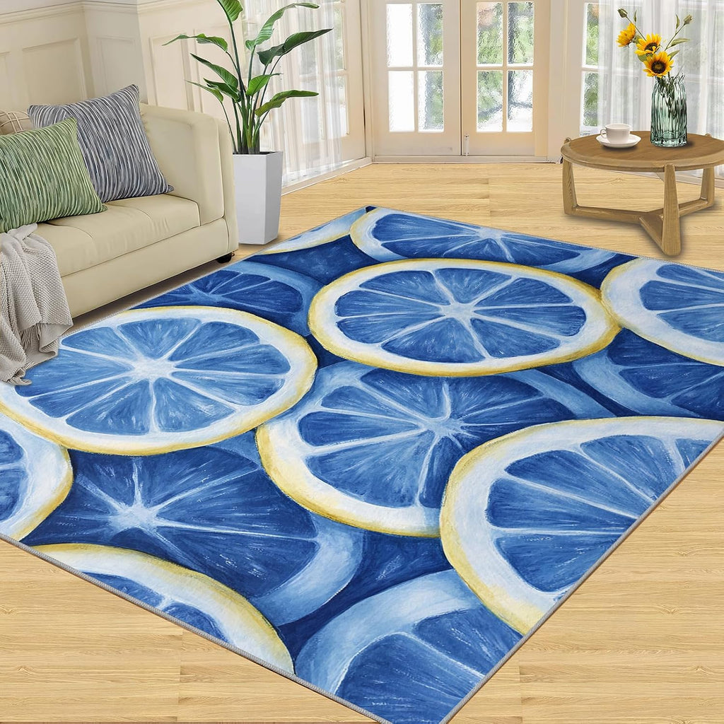 Lemon Area Rug - 6x9 Rug, Blue Lemon Rugs for Living Room, Summer Washable Rugs for Bedroom, Non Slip & Low Pile, Indoor Carpet & Home Decor