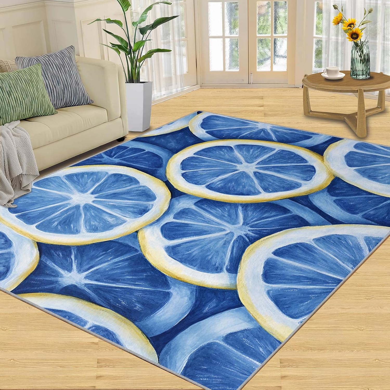 Lemon Area Rug - 6x9 Rug, Blue Lemon Rugs for Living Room, Summer Washable Rugs for Bedroom, Non Slip & Low Pile, Indoor Carpet & Home Decor