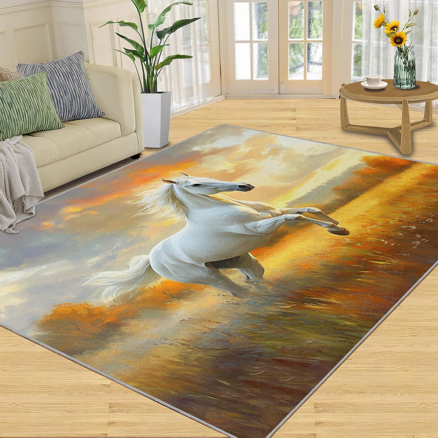 Galloping Horse Rugs for Bedroom, Vintage Animals Rug 6x8, Landscape Oil Painting Dining Room Rugs Washable & Non Slip Large Carpet for Home Decor