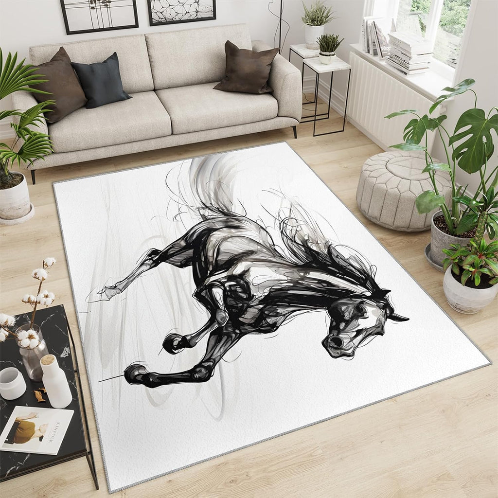 6x8 Rug Black Ink Horse Area Rugs, Ink Animal Horse Soft Washable Carpet, Upholstery Rug with Non-Slip Backing for Kids Boys Girls Bedroom Living Room Dining Room Study