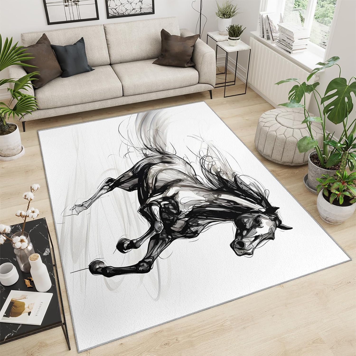 6x8 Rug Black Ink Horse Area Rugs, Ink Animal Horse Soft Washable Carpet, Upholstery Rug with Non-Slip Backing for Kids Boys Girls Bedroom Living Room Dining Room Study