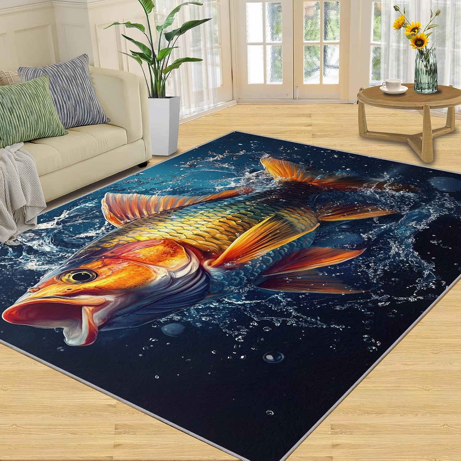 Fish Rugs for Bedroom, Carp Rug 6x8, Animals Dining Room Rugs Washable & Non Slip Large Carpet for Home Decor