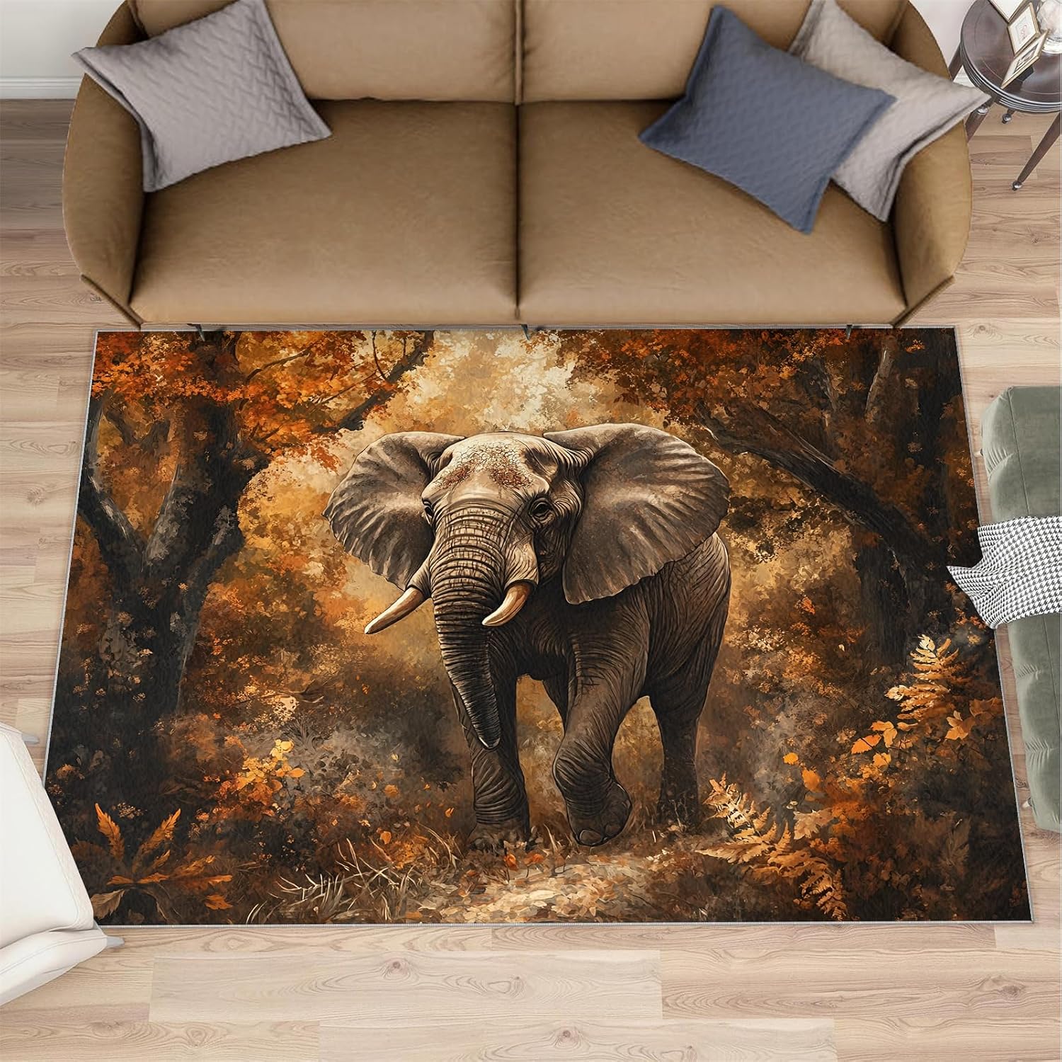 Elephant Rug 6x8, Forest Rugs for Bedroom, Animal Area Rug, Home Decor Rugs for Living Room, Non-Slip Machine Washable Carpet