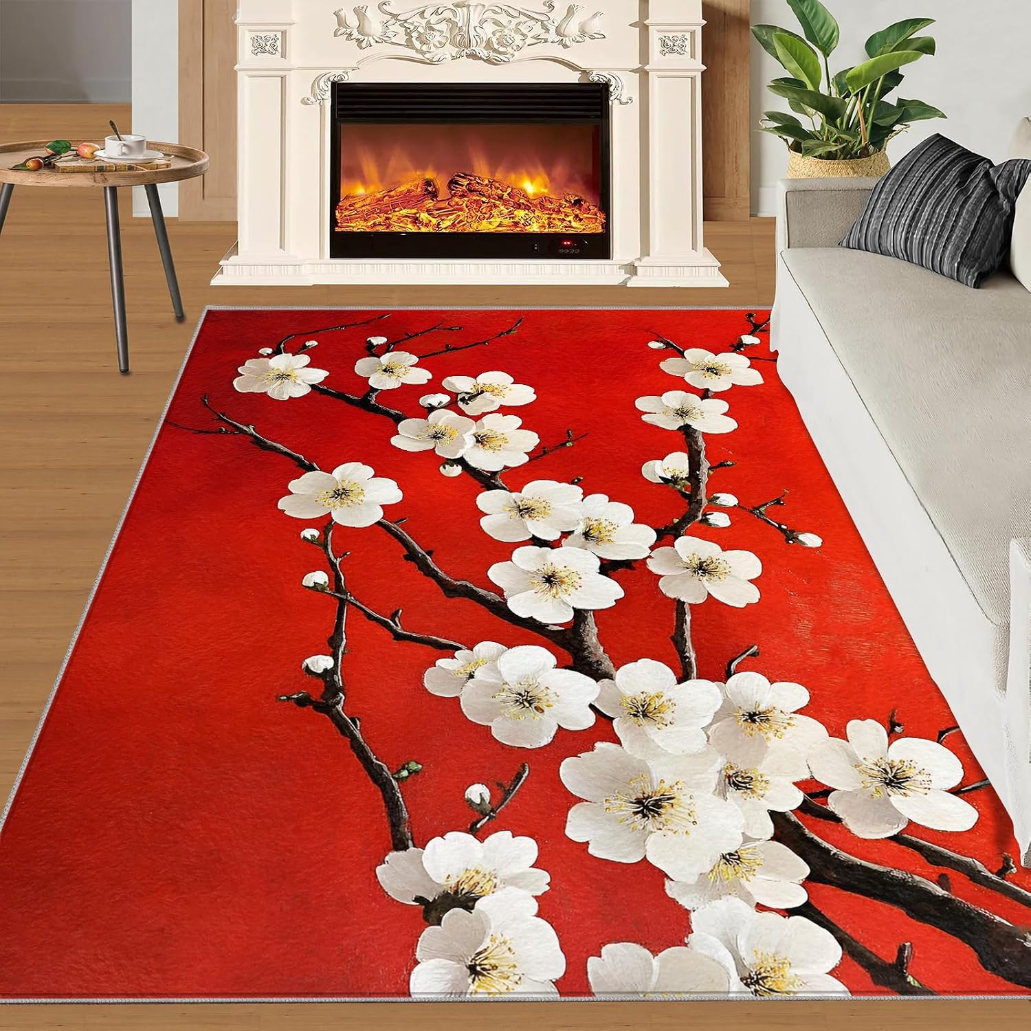 Cherry Blossoms Rug 6x8, Red Background Rugs for Girls Room, Asian Style Rugs for Bedroom, Washable Area Rug for Bedside Dining Room Kitchen Floor Mat