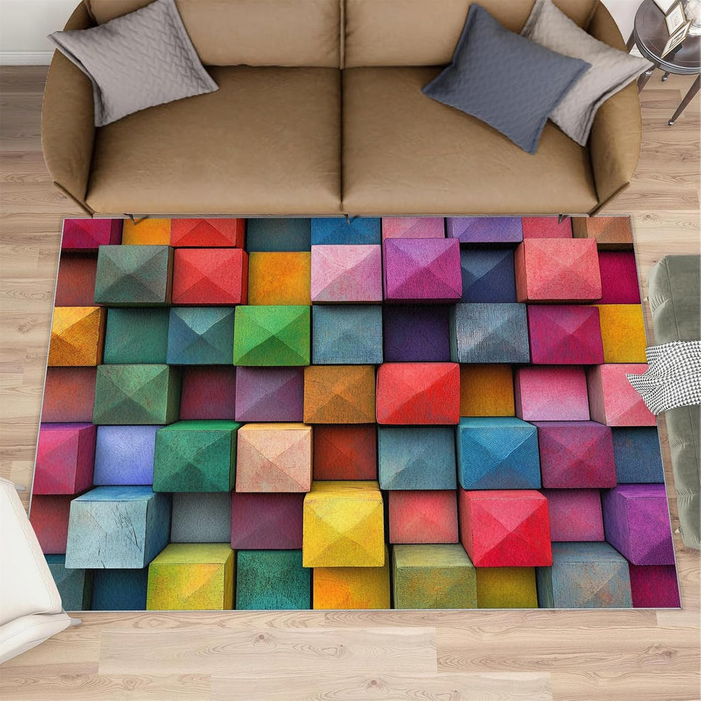 Colorful Rugs for Bedroom, 3D Geometry Area Rug, Abstract Modern Rugs for Living Room, 6x8 Washable Rug Non Slip & Low Pile, Indoor Carpet & Home Decor