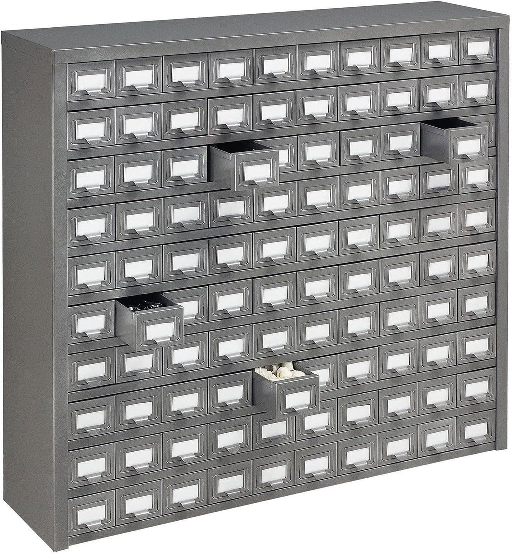 Global Industrial Storage Drawer Cabinet, 100 Drawers with Label Holder, Steel Construction, 36'W x 9'D x 34-1/2'H, Gray Enamel Finish, Small Parts Organizers
