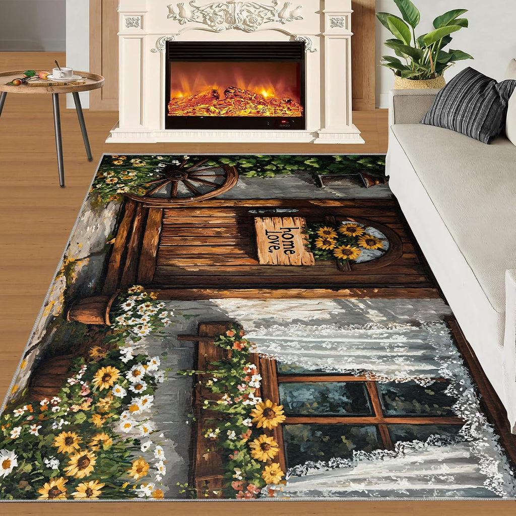 Country Wooden Door Rug 6x8 - Wooden Wheels Large Rugs for Living Room, Pastoral Warm Carpet Area Rug for Girls Bedroom Kids Room Basement Office Classroom