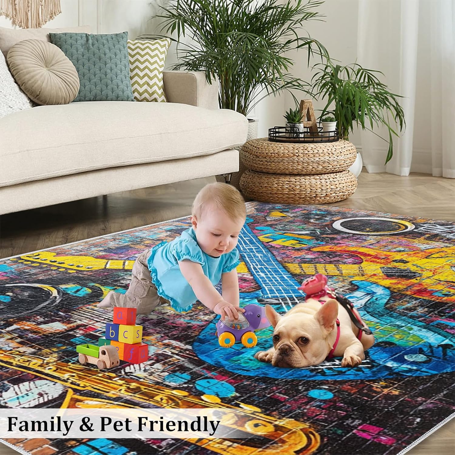 Guitar Rug & Home Decor - 5x7 Rug, Graffiti Rugs for Bedroom, Hip Hop Washable Rugs for Living Room, Musical Carpet, Non Slip Indoor Guitar Floor Mats & Music Room Decor