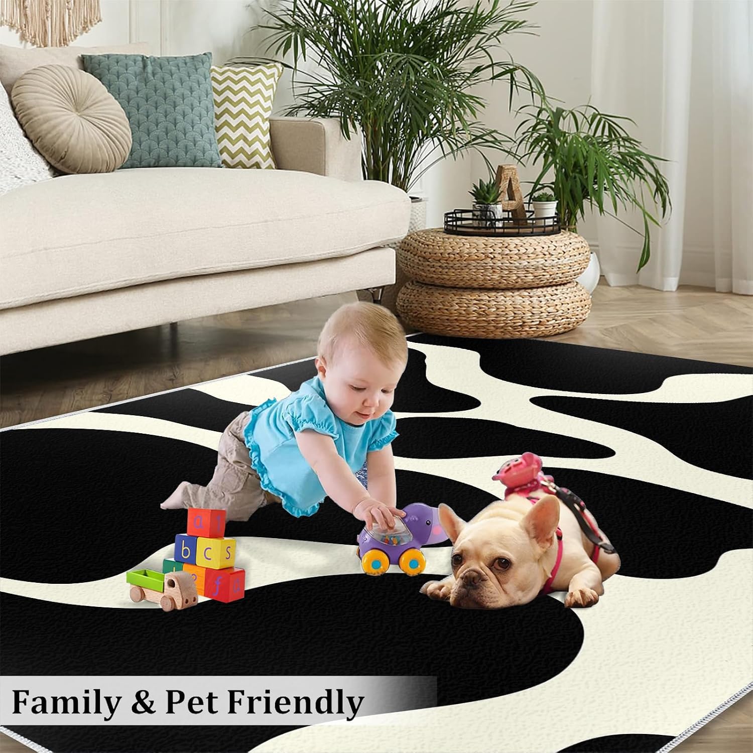 Abstract Black and White Area Rug, Modern Minimalist Design Rugs for Living Room, Indoor Non-Slip Kids Rugs, Machine Washable Breathable Durable Carpet for Front Entrance Floor Decor,6 x 8ft