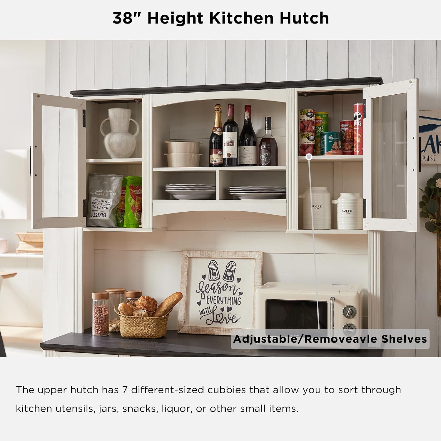 JXQTLINGMU Farmhouse 58' Large Bar Cabinet with Hutch, 76' Height Storage Cabinet, Coffee Bar, Buffet Sideboard, Kitchen Hutch Pantry for Kitchen Bathroom Dining Room (Off White)