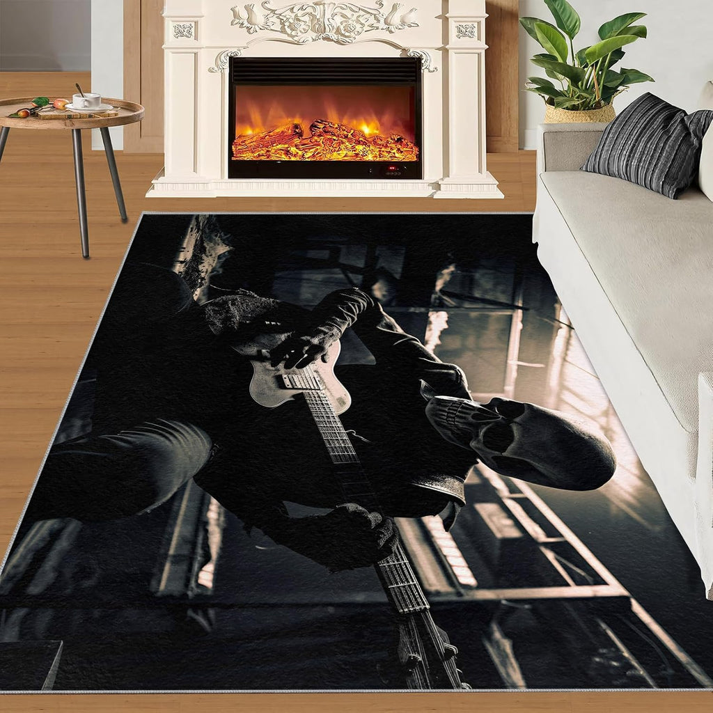 Guitar Player Rug for Kids Room - 4.6x6.6 Kitchen Rugs, Guitar Skull Rugs for Bedroom Musical Performance Guitar Area Rugs for Living Room Home Decor Washable Rug