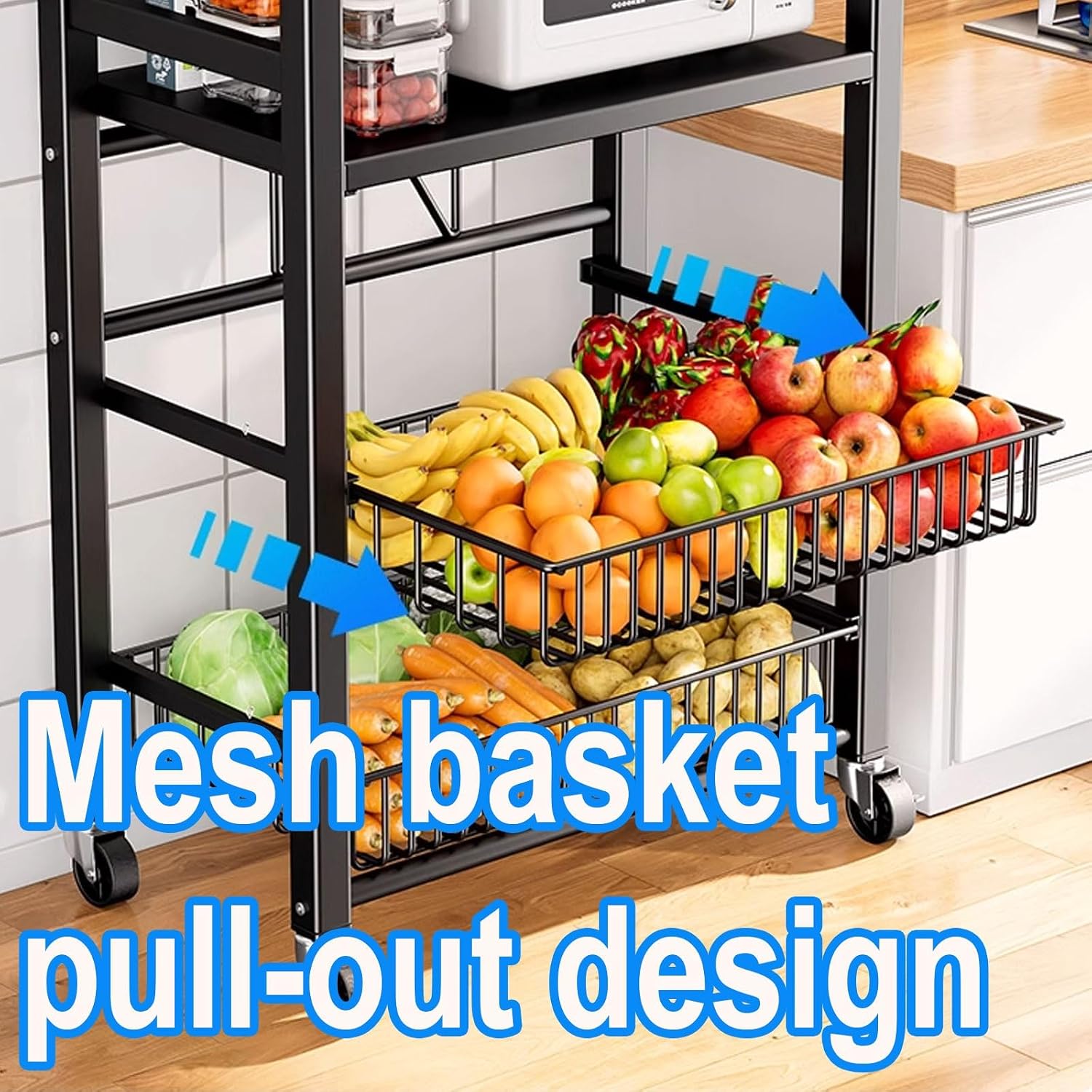 Bakers Rack with Storage Made of Carbon Steel with Pull-Out Wire Basket 5 Tier Storage Shelf Kitchen Storage Shelves with Mesh Panels for Utensils, Pots(Color:ABlack)