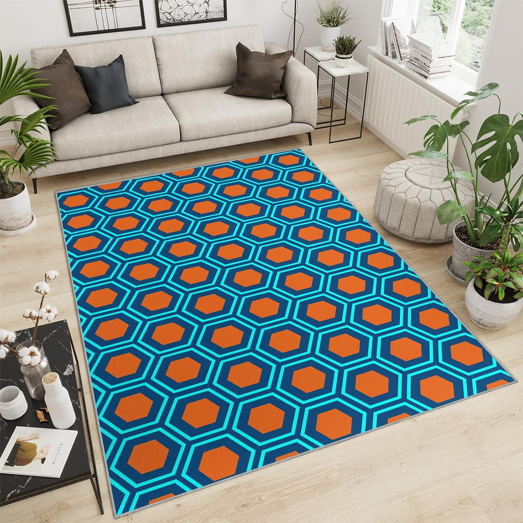 Mid-Century Geometry Art Area Rug, Orange Blue Hexagon Rugs for Living Room, Indoor Non-Slip Kids Rugs, Machine Washable Breathable Durable Carpet for Front Entrance Floor Decor,6 x 8ft