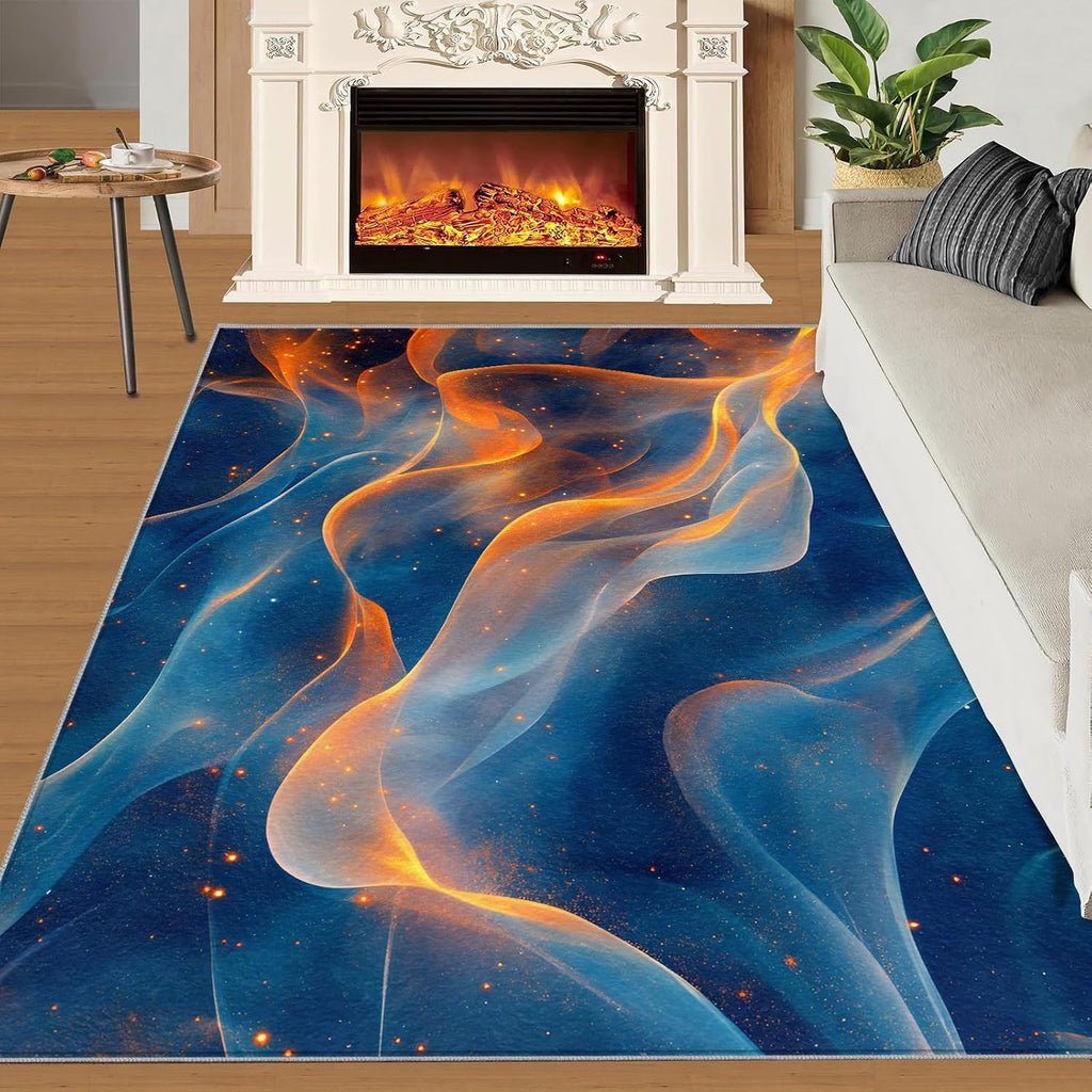 Washable Rugs Blue Rug & Home Decor, Golden Area Rug 6x9, Non Slip & Low Pile Carpet, Abstract Rugs for Bedroom Living Room