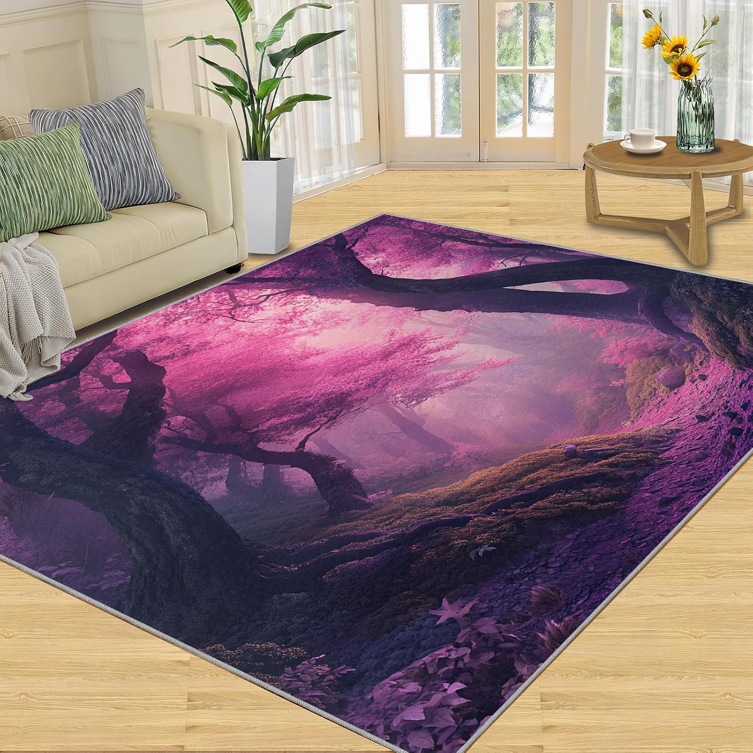 Pink Forest Rug 6x8-6x8 Rug, Woodland Area Rugs for Living Room Bedroom, Landscape Area Carpet, Natural Scenery Washable Carpet, Forest Home Decor & Gifts
