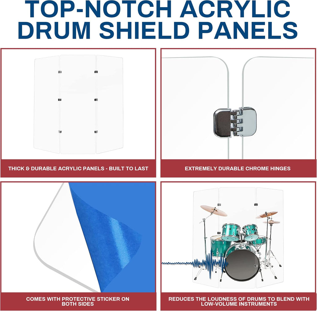 PENNZONI Drum Shield 6ft w/Chrome Hinges, Comes w/ 3 Drum Panels, & Chrome Hinges, Premium Clear Acrylic Panels, Drum Screen