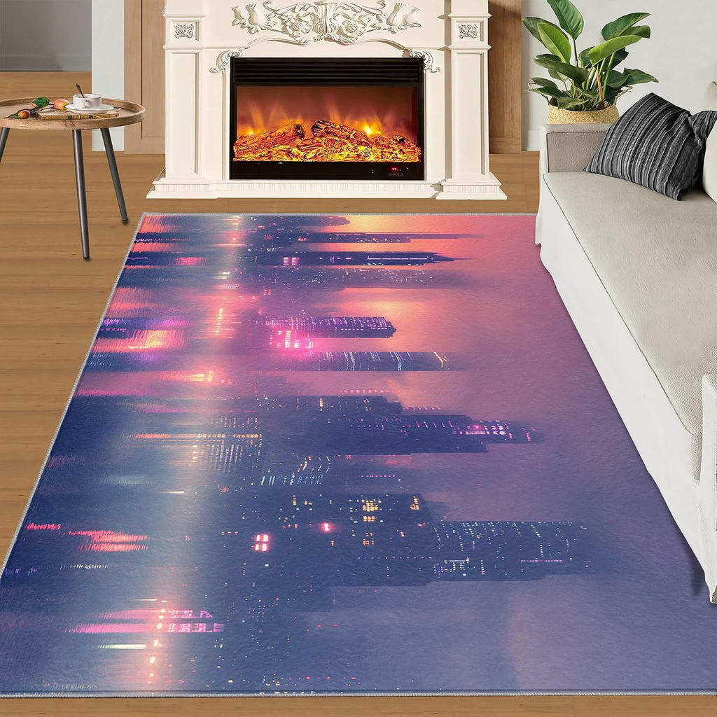 New York Skyscrapers Rug 6x8-6x8 Rug, City Night Scene Area Rugs for Bedroom, Cityscape Rugs for Living Room, Modern Washable Mat, Kids Carpet, City Scene Home Decor & Gifts