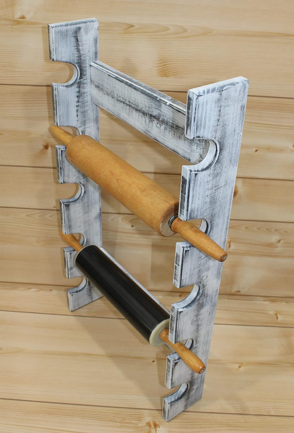 Wooden Rolling Pin Display Rack – Holds 5 Rolling Pins – Wall Mounted Storage for Bakers & Collectors – Antique White Color – Shabby Chic White & Black