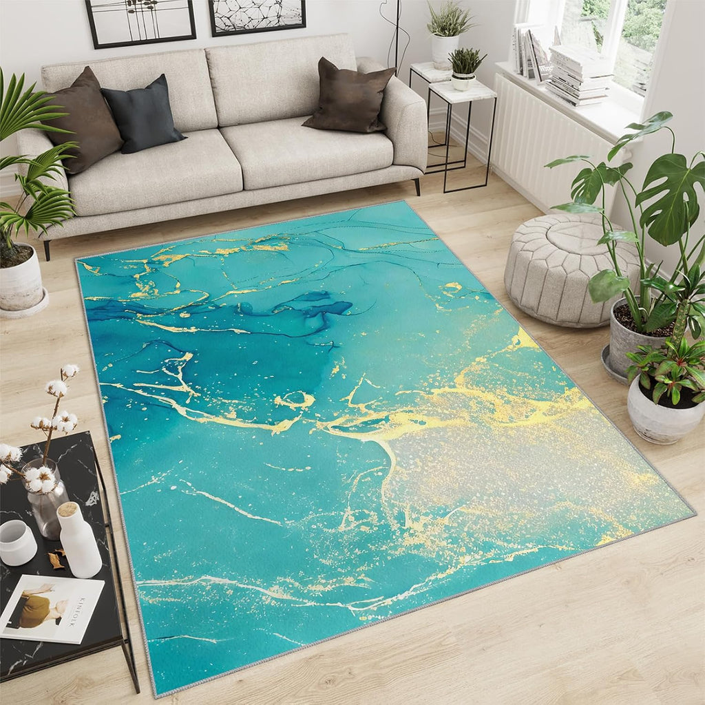 Light Green Gold Marble Area Rug, Modern Abstract Rugs for Living Room, Easy Clean Carpet Washable Indoor Non-Slip Rug for Boys and Girls Nursery Bed Living Room Carpets Nursery Decor,6 x 8ft