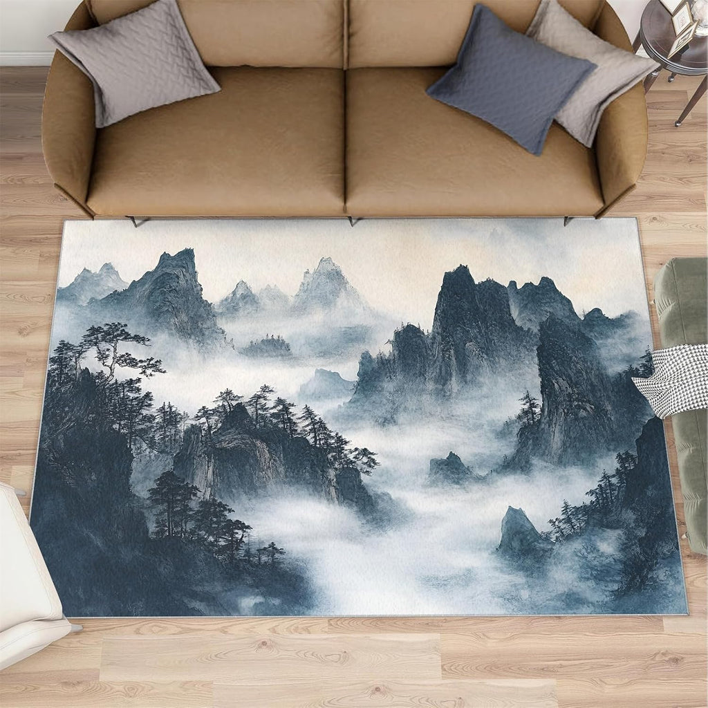 Japanese Rug 6x8-6x8 Rug, Ink Painting Mountains Area Rugs for Living Room Bedroom, Vintage Area Carpet, Oriental Washable Carpet, Japanese Home Decor & Gifts