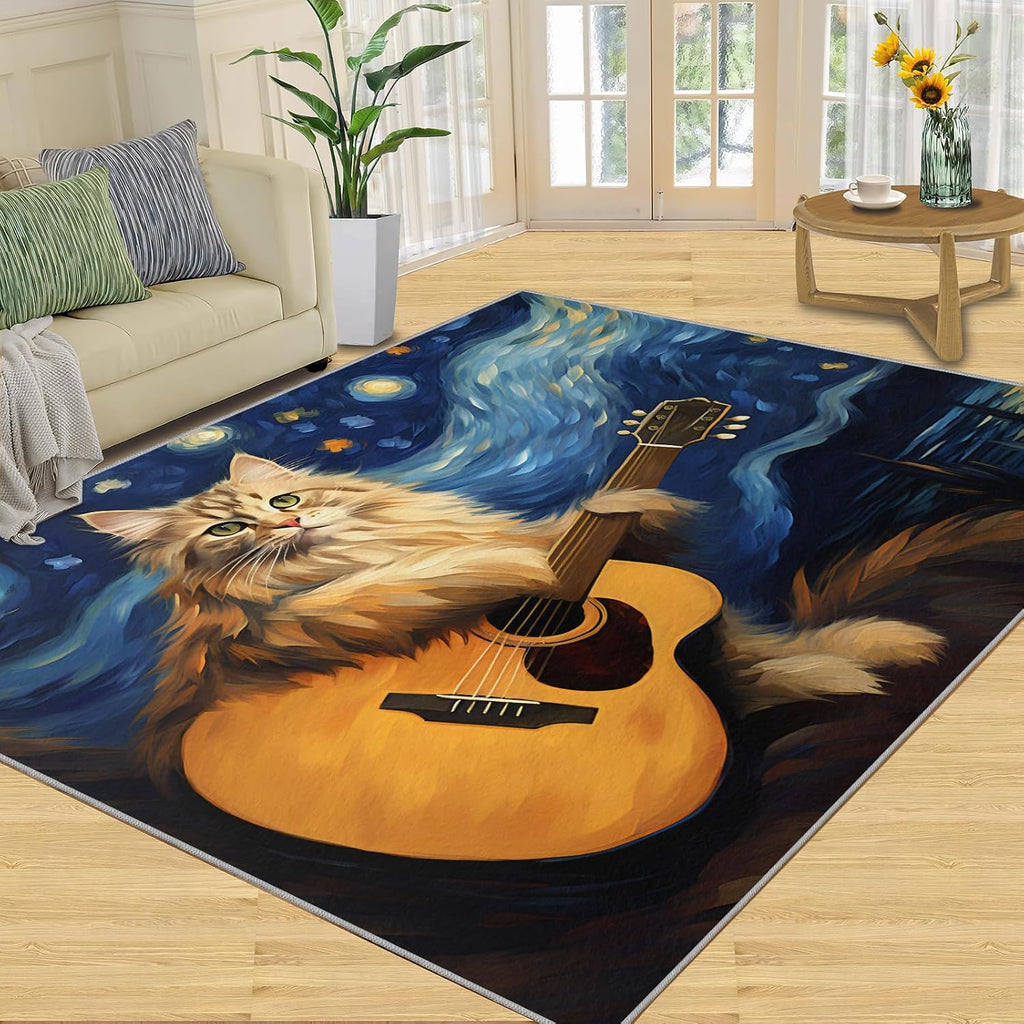 6x9 Area Rugs - Starry Sky Guitar Cat Rugs for Living Room, Post-Impressionist Art Painting Classroom Rug for Carpet Boy Bedroom Office Nursery Hardwood Home Decor
