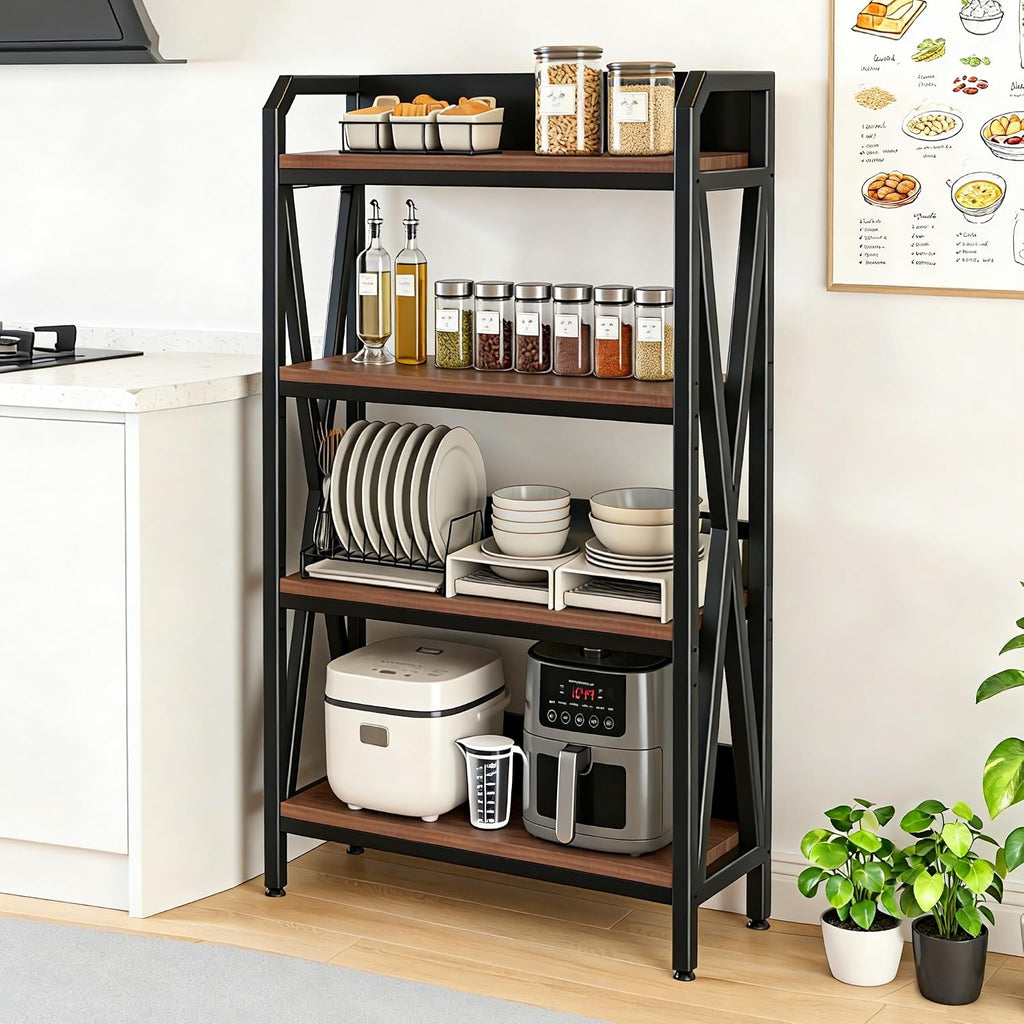 56.30'' Bakers Rack 4 Level Storage Shelves Metal and Wooden Kitchen Shelves, Kitchen Organizers and Storage, for Garage, Bathroom, Closet,33.50'' Length