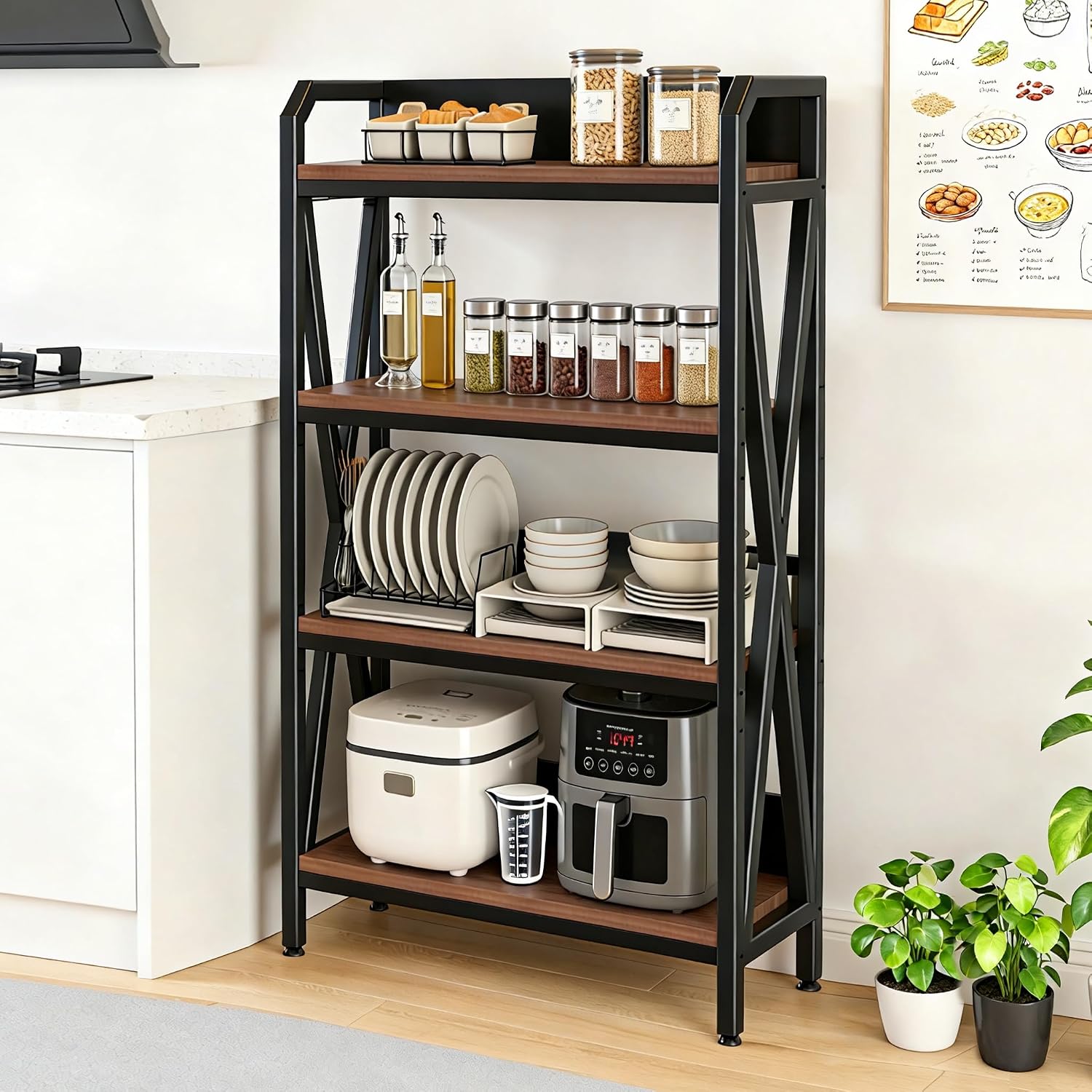 56.30'' Bakers Rack 4 Level Storage Shelves Metal and Wooden Kitchen Shelves, Kitchen Organizers and Storage, for Garage, Bathroom, Closet,33.50'' Length