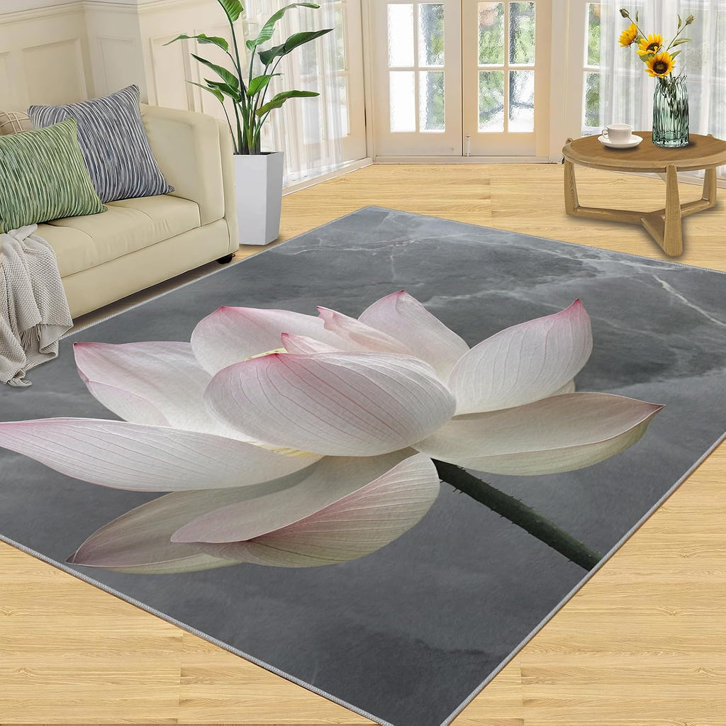 Lotus Area Rug Large - 6x8 Rug, Luxury Marble Rugs for Living Room, Flower Carpet, Floral Washable Area Rugs for Bedroom, Aesthetic Carpet, Floral Home Decor