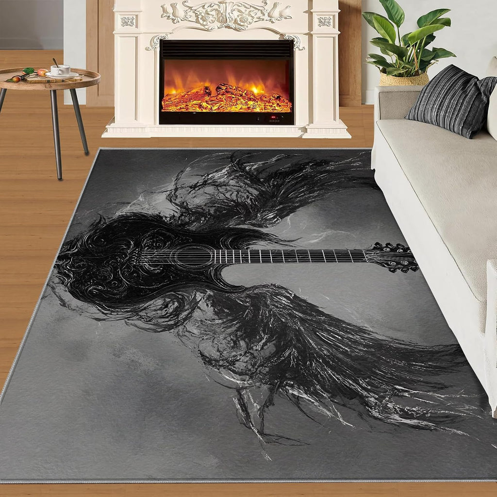 Guitar Rug & Home Decor - Gothic Rugs for Bedroom, Boys Cool Washable Rugs for Living Room, Musical Carpet, Non Slip Indoor Guitar Area Rug & Boys Room Decor 5x8 ft