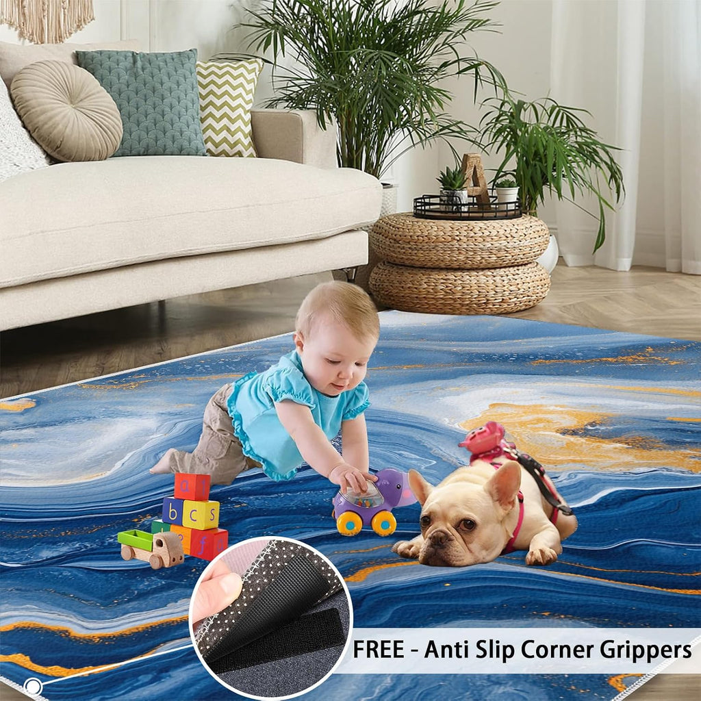 Blue Fluid Carpet - Large Rug 6x8 - Blue Gold Rugs for Living Room - Soft & Non Slip & Washable Rugs for Bedroom, Marble Carpets for Dining Room Lounge Girls Room