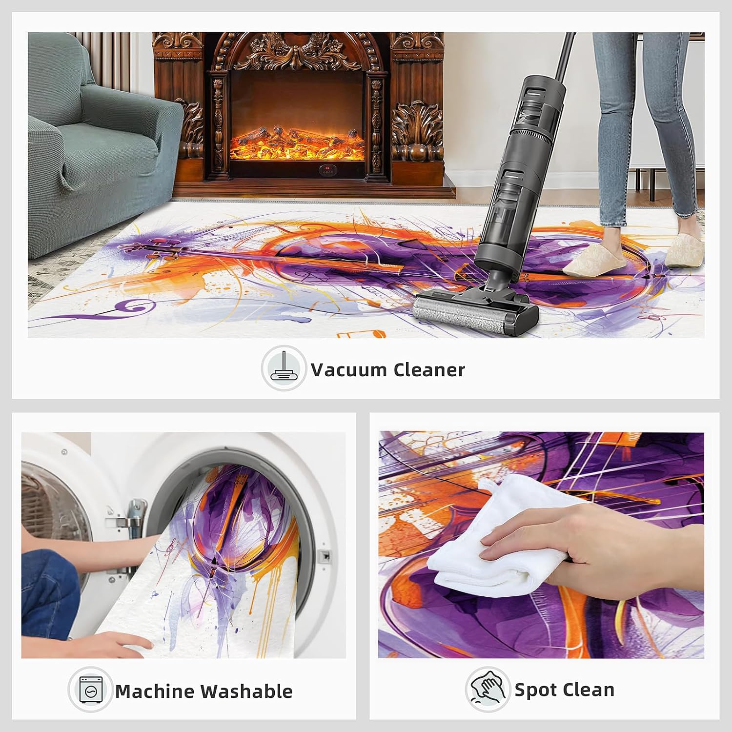 Area Rugs 8x10, Abstract Graffiti Guitar Area Rugs, Music Instrument Rug for Living Room, Indoor Carpet Easy Clean Floor Mat Rug for Bedroom Bedside Under Kitchen Table