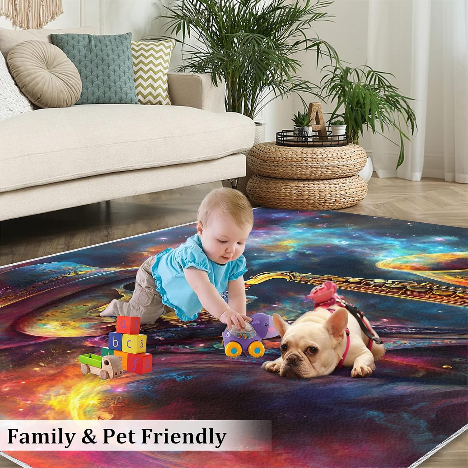 Saxophone Rug for Bedroom 6x8 Rug Skull Rugs, Gothic Style Home Decor, Non Slip Washable Large Rugs, Abstract Musical Instrument Carpet for Boys and Girls Teen Playroom