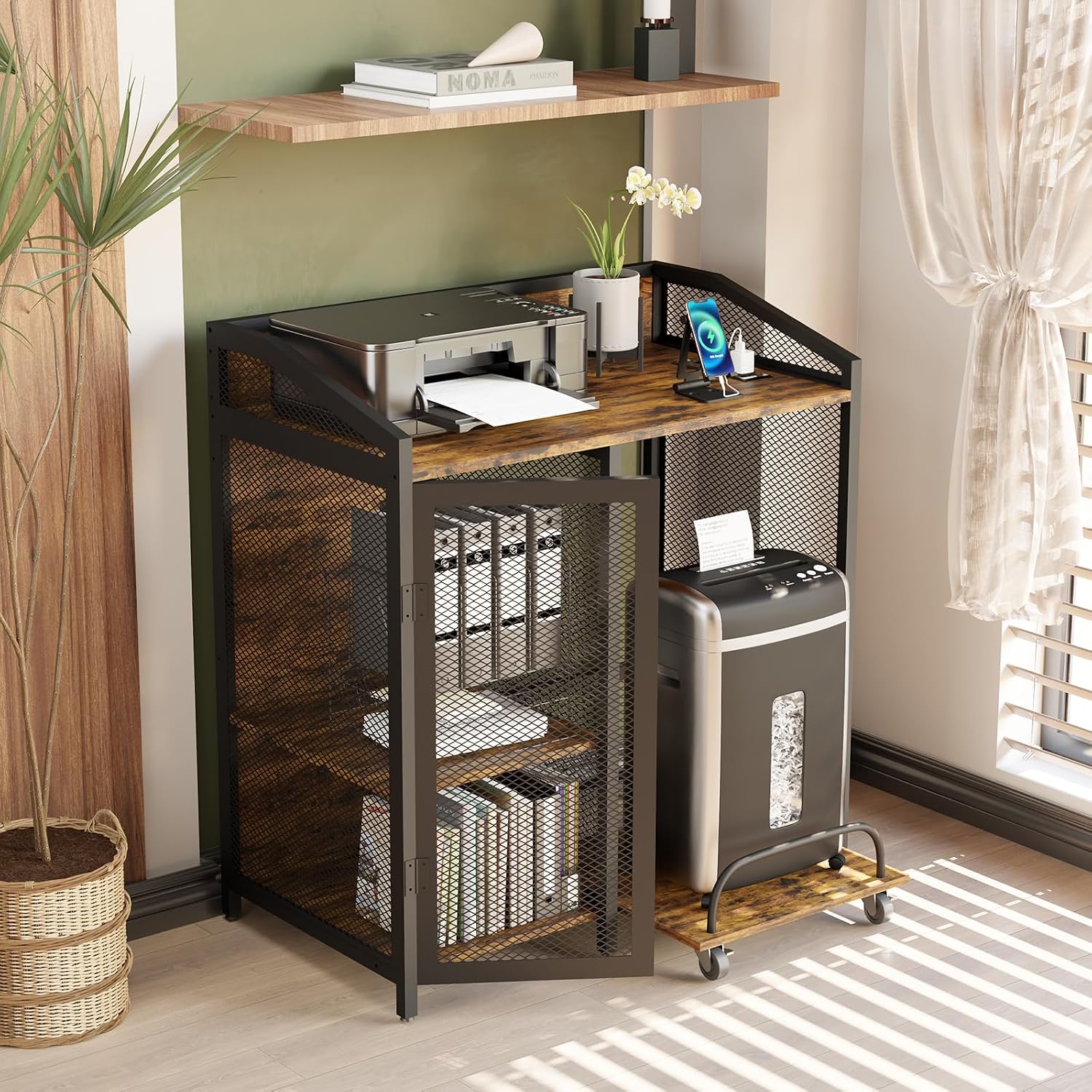 EasyCom Printer Stand with Charging Station and Paper Shredder Stand – 3 Tier Lateral Printer Table with Open Storage Shelves- Printer Shelf for Office Home Use with Adjustable Shelves and Mesh Door