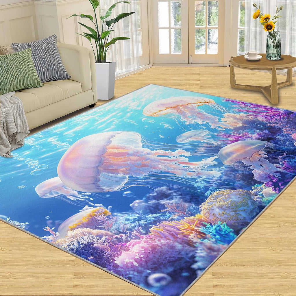 6x8 Jellyfish Area Rug - Dreamy Coral Reef Large Rugs for Living Room, Underwater World Carpet Area Rug for Girls Bedroom Kids Room Basement Office Classroom