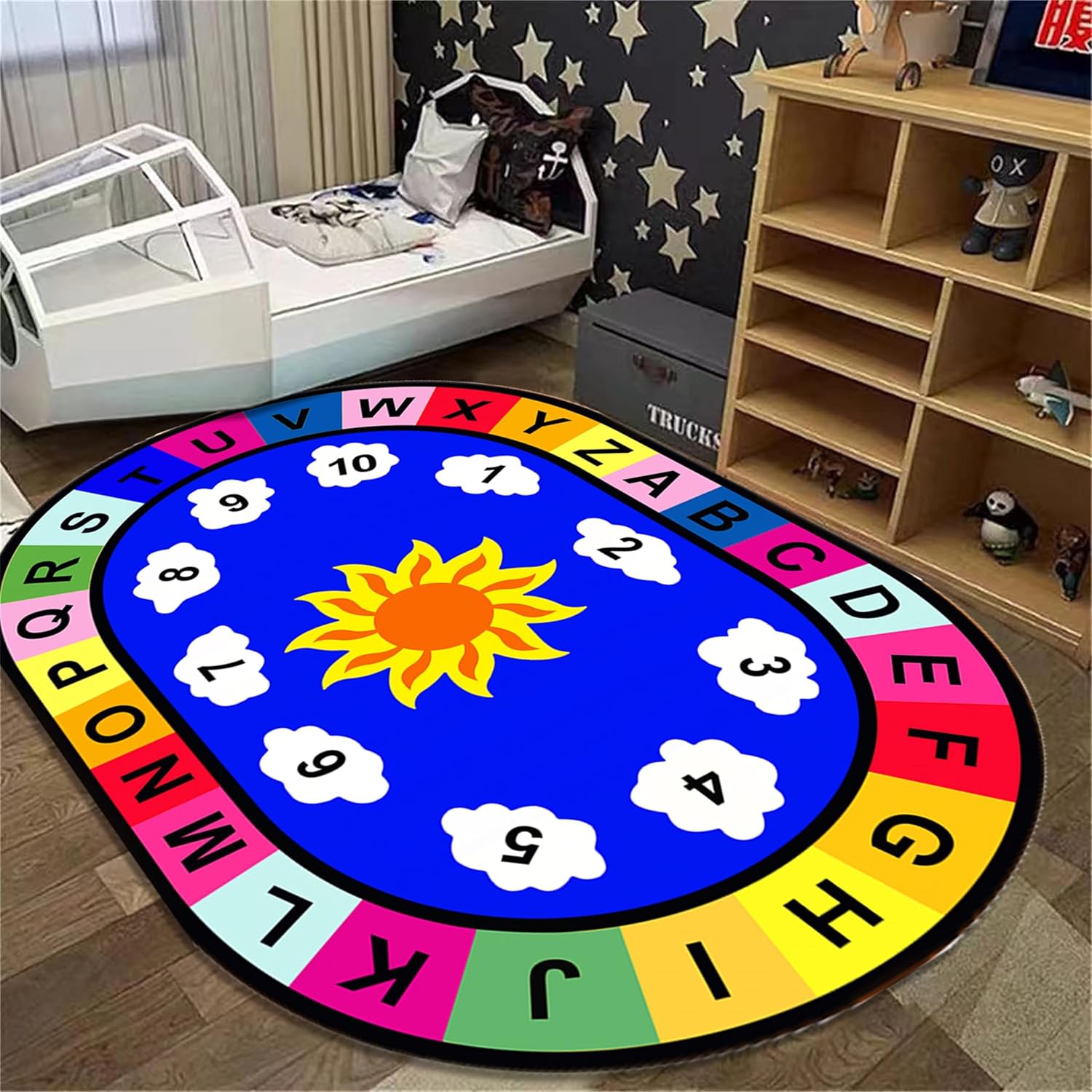 Kids Play Area Rug,6x8ft,ABC Letters and Numbers Colorful Rug, Sunflower Oval Living Room Rug, Baby Toddler Early Crawling Play Non-Slip Rug for Playroom Nursery Kids Bedroom Mat